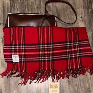 Vintage 70s  Faribo Red Plaid Pure New Wool Fringe Throw Blanket with case 52x47